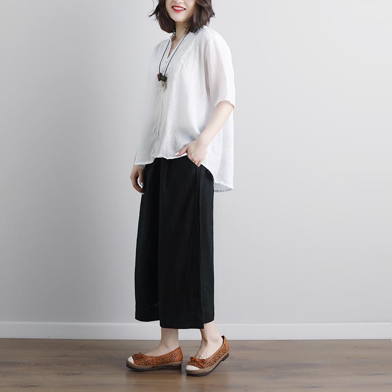 Fine Pure Linen Blouse Retro Short Sleeve Embroidery High-low Hem Tops
