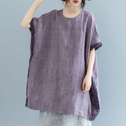 Fine Purple Pure Linen Tops Loose Fitting Cardigans Boutique Batwing Sleeve O Neck Patchwork Cotton Clothing
