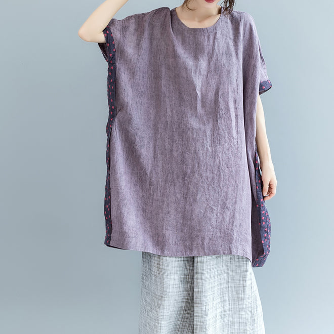 Fine Purple Pure Linen Tops Loose Fitting Cardigans Boutique Batwing Sleeve O Neck Patchwork Cotton Clothing
