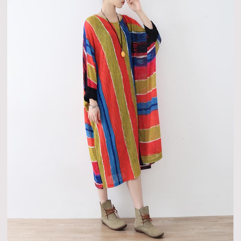 Fine Rainbow Natural Linen Dress Oversize Striped Traveling Dress Asymmetrical Kaftans