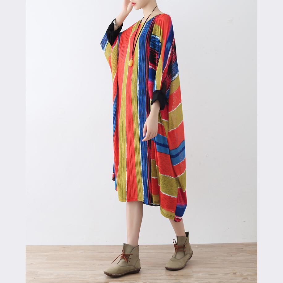 Fine Rainbow Natural Linen Dress Oversize Striped Traveling Dress Asymmetrical Kaftans