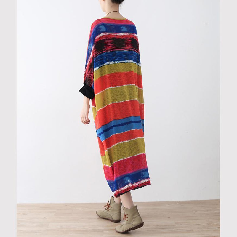 Fine Rainbow Natural Linen Dress Oversize Striped Traveling Dress Asymmetrical Kaftans