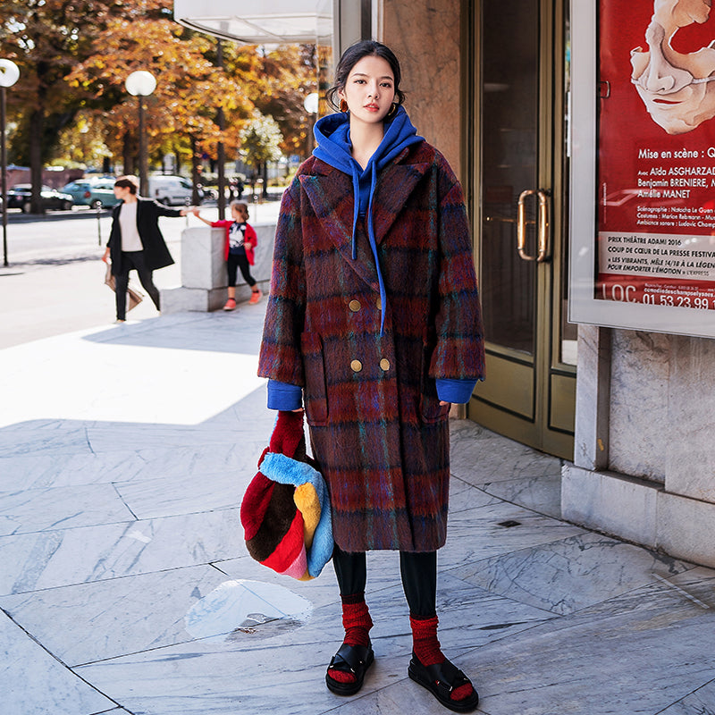 Fine Red Blue Plaid Coats Notched Trench Coat New Double Breasted Wool Coat
