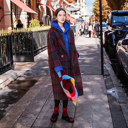 Fine Red Blue Plaid Coats Notched Trench Coat New Double Breasted Wool Coat