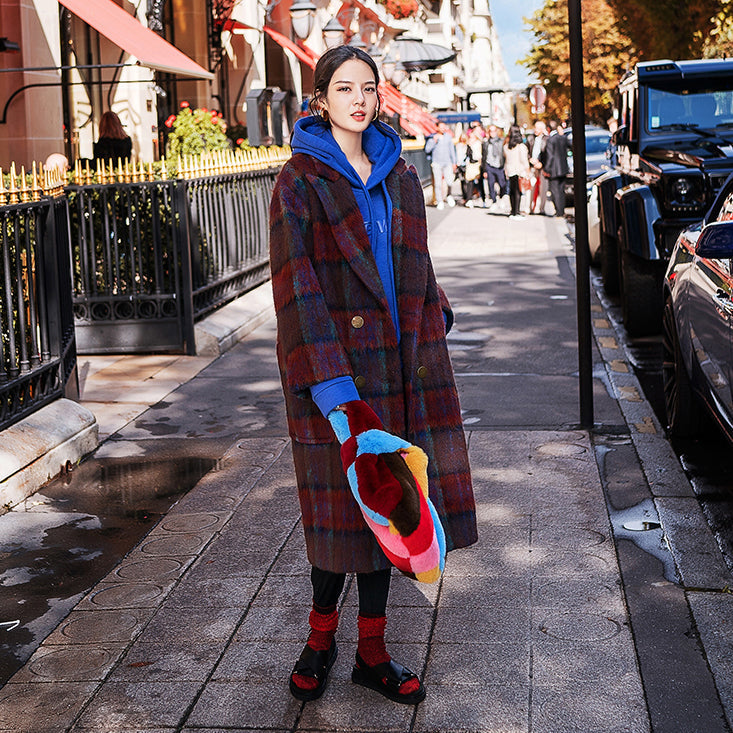 Fine Red Blue Plaid Coats Notched Trench Coat New Double Breasted Wool Coat