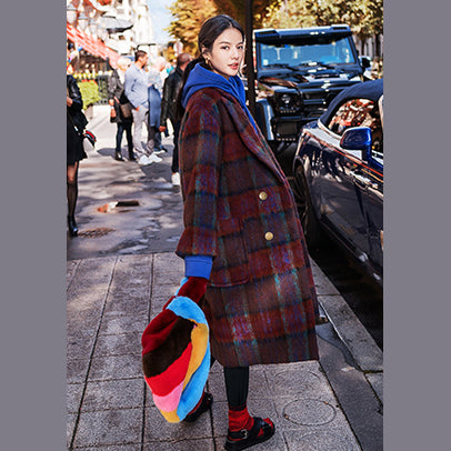 Fine Red Blue Plaid Coats Notched Trench Coat New Double Breasted Wool Coat