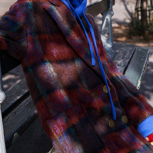 Fine Red Blue Plaid Coats Notched Trench Coat New Double Breasted Wool Coat