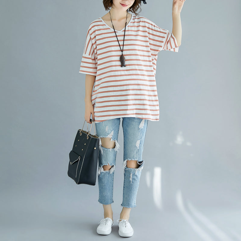 Fine Red Cotton Blouse Oversized Holiday Tops Fine Striped V Neck Cotton Tops
