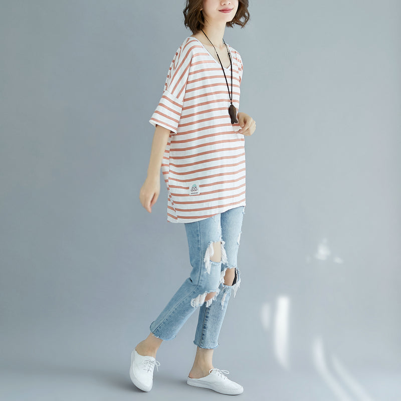 Fine Red Cotton Blouse Oversized Holiday Tops Fine Striped V Neck Cotton Tops