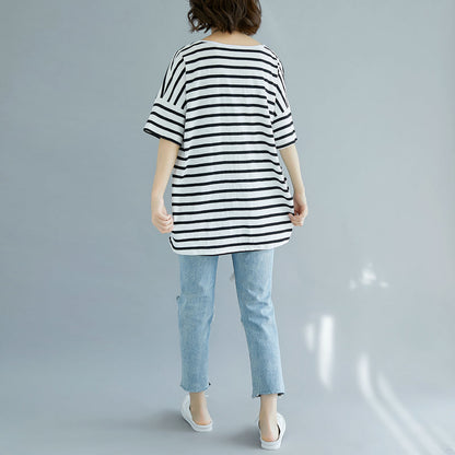 Fine Red Cotton Blouse Oversized Holiday Tops Fine Striped V Neck Cotton Tops