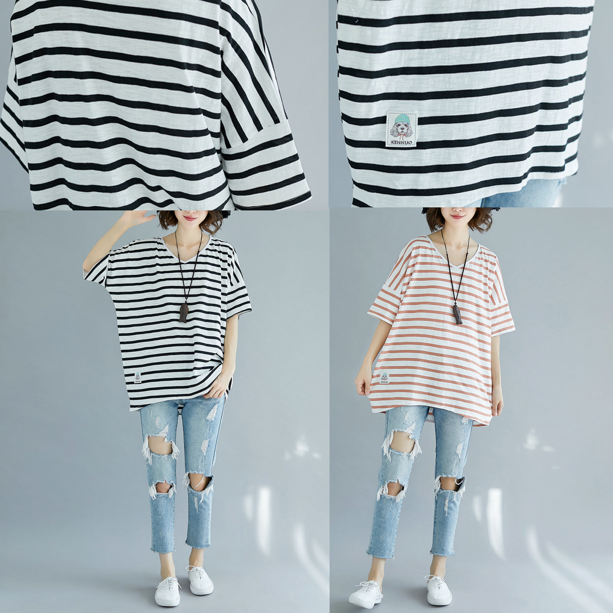 Fine Red Cotton Blouse Oversized Holiday Tops Fine Striped V Neck Cotton Tops