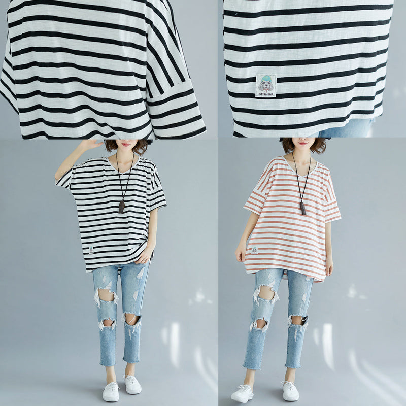 Fine Red Cotton Blouse Oversized Holiday Tops Fine Striped V Neck Cotton Tops