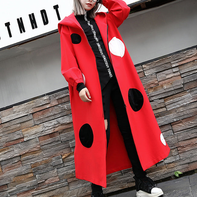 Fine Red Dotted Coat Oversize Hooded Outwear Side Open Baggy Long Coats