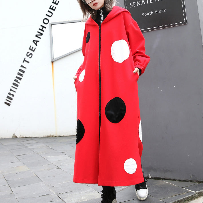 Fine Red Dotted Coat Oversize Hooded Outwear Side Open Baggy Long Coats