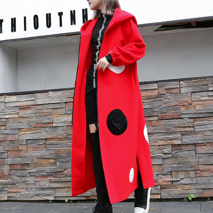 Fine Red Dotted Coat Oversize Hooded Outwear Side Open Baggy Long Coats