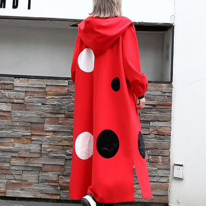 Fine Red Dotted Coat Oversize Hooded Outwear Side Open Baggy Long Coats