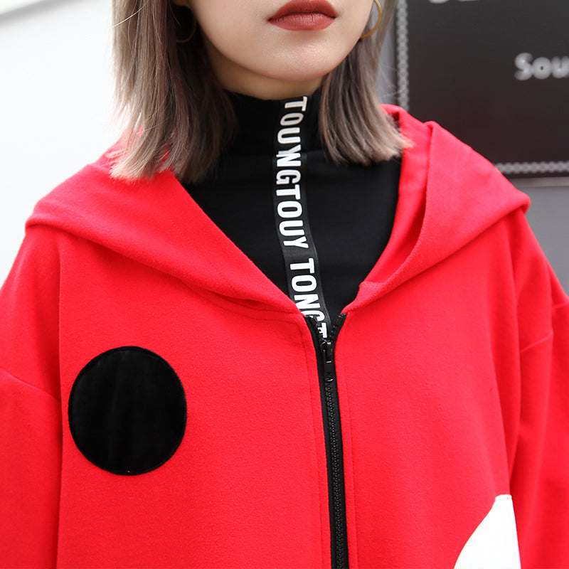 Fine Red Dotted Coat Oversize Hooded Outwear Side Open Baggy Long Coats