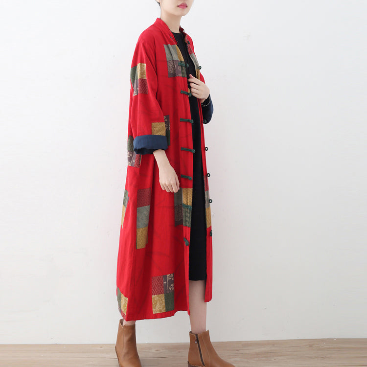 Fine Red Linen Coat Oversized Patchwork Long Cotton Cardigan Fine Chinese Button Traveling Clothing