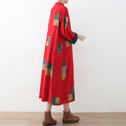 Fine Red Linen Coat Oversized Patchwork Long Cotton Cardigan Fine Chinese Button Traveling Clothing