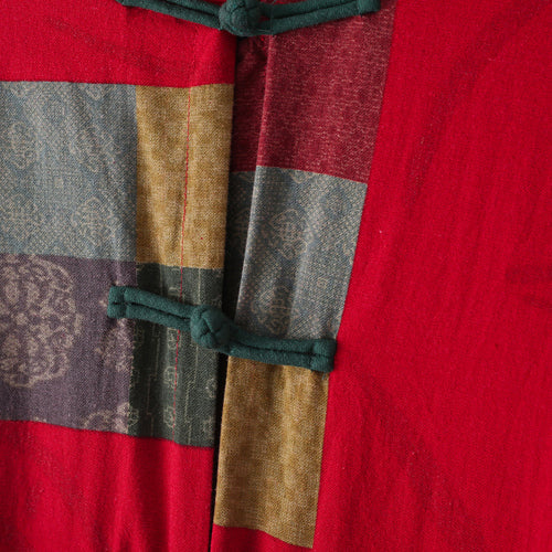 Fine Red Linen Coat Oversized Patchwork Long Cotton Cardigan Fine Chinese Button Traveling Clothing
