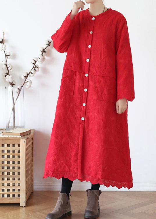 Fine Red Outwear Warm Winter Coat O Neck Jacquard Winter Outwear