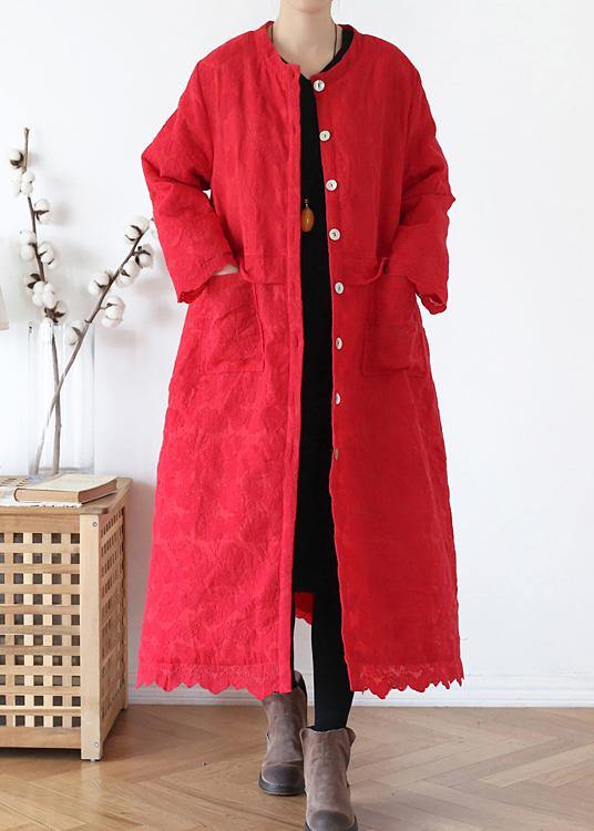 Fine Red Outwear Warm Winter Coat O Neck Jacquard Winter Outwear