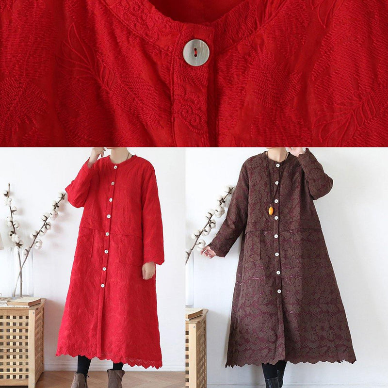 Fine Red Outwear Warm Winter Coat O Neck Jacquard Winter Outwear