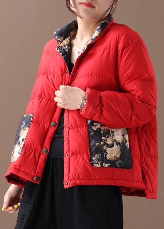 Fine Red Patchwork Print Warm Winter Coat Stand Collar Pockets Winter Outwear