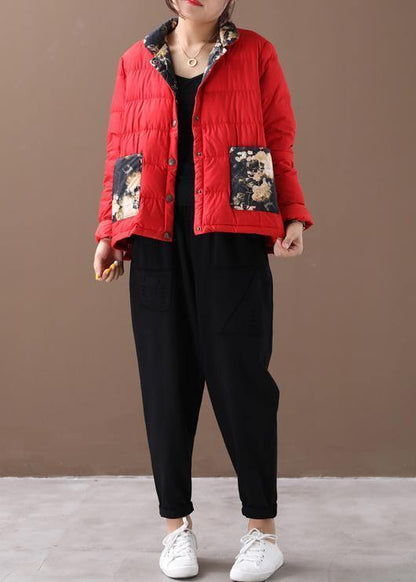 Fine Red Patchwork Print Warm Winter Coat Stand Collar Pockets Winter Outwear