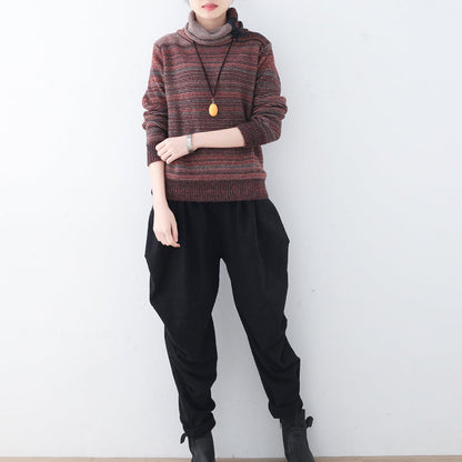 Fine Red Striped Cozy Sweater Fall Knit Sweat Tops High Neck Winter Shirt