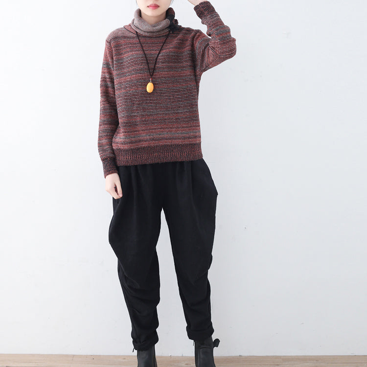 Fine Red Striped Cozy Sweater Fall Knit Sweat Tops High Neck Winter Shirt