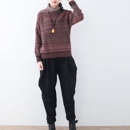 Fine Red Striped Cozy Sweater Fall Knit Sweat Tops High Neck Winter Shirt