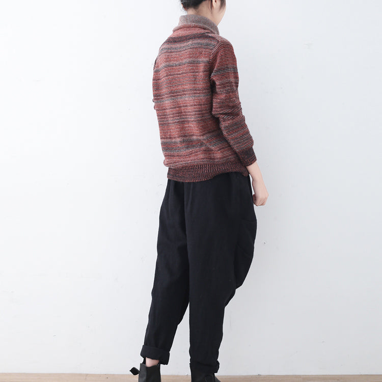 Fine Red Striped Cozy Sweater Fall Knit Sweat Tops High Neck Winter Shirt