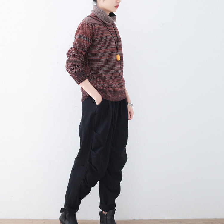 Fine Red Striped Cozy Sweater Fall Knit Sweat Tops High Neck Winter Shirt