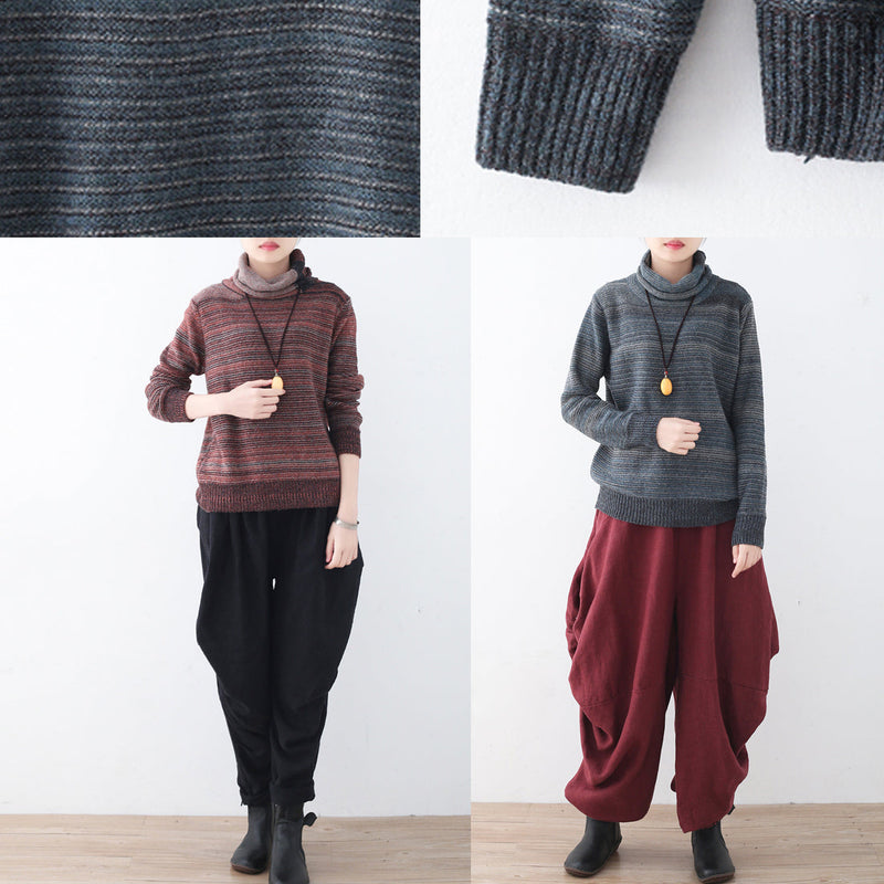 Fine Red Striped Cozy Sweater Fall Knit Sweat Tops High Neck Winter Shirt