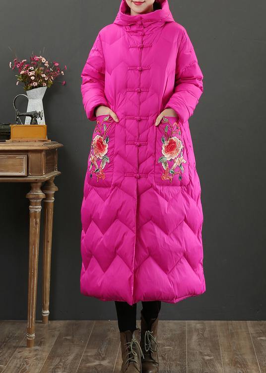 Fine Rose Embroidery Down Jacket Woman Snow Jackets Hooded Warm Overcoat