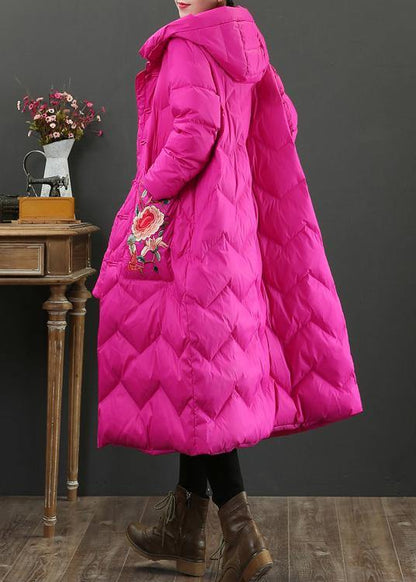 Fine Rose Embroidery Down Jacket Woman Snow Jackets Hooded Warm Overcoat