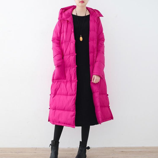 Fine Rose Red Puffers Jackets Loose Fitting Down Jacket New Hooded Winter Outwear Chinese Button