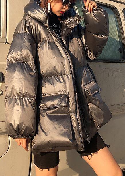 Fine Silver Gray Down Coat Winter Parka Hooded Zippered Fine Winter Outwear