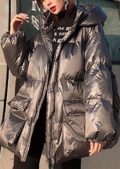 Fine Silver Gray Down Coat Winter Parka Hooded Zippered Fine Winter Outwear