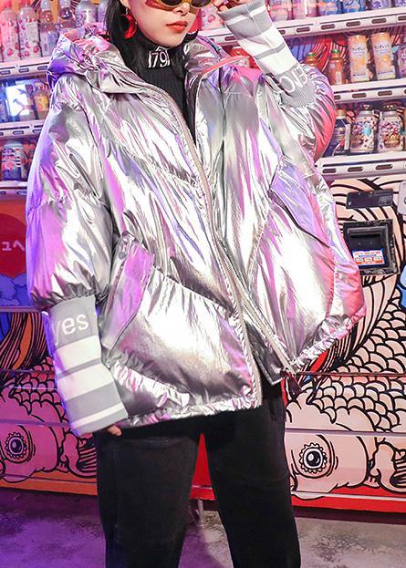 Fine Silver Gray Print Parka Oversize Down Jacket Hooded Zippered Overcoat