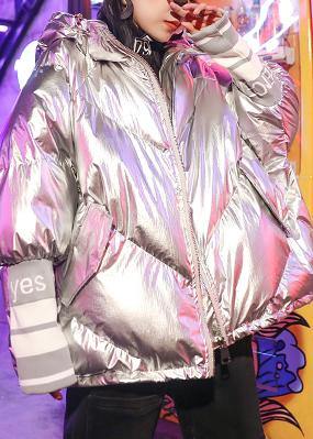 Fine Silver Gray Print Parka Oversize Down Jacket Hooded Zippered Overcoat