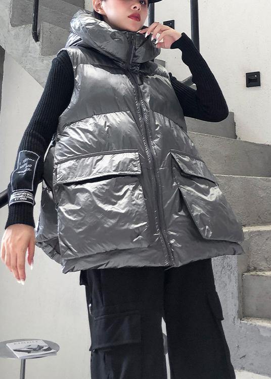 Fine Silver Gray Winter Outwear Clothing Snow Sleeveless Hooded Pockets Winter Outwear