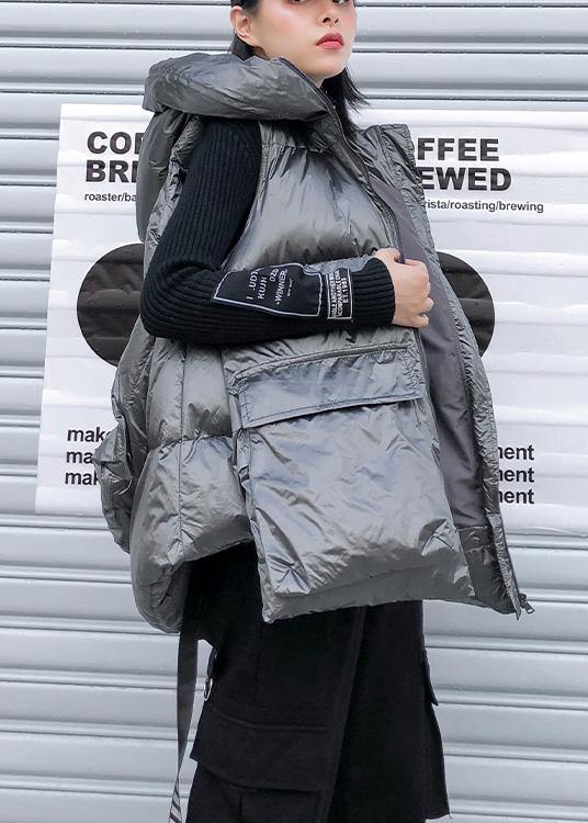 Fine Silver Gray Winter Outwear Clothing Snow Sleeveless Hooded Pockets Winter Outwear