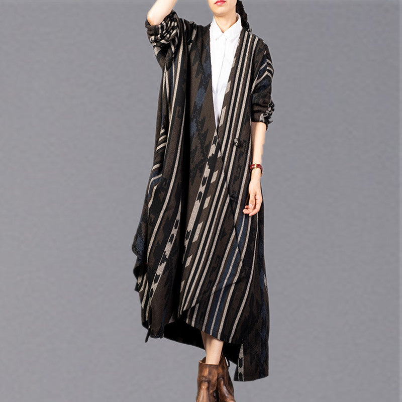 Fine Striped Long Coat V Neck Asymmetric Coats Batwing Sleeve Jackets
