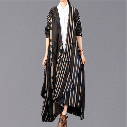 Fine Striped Long Coat V Neck Asymmetric Coats Batwing Sleeve Jackets
