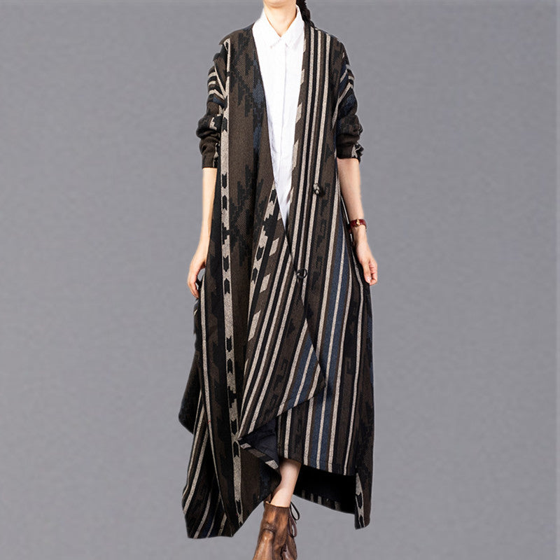 Fine Striped Long Coat V Neck Asymmetric Coats Batwing Sleeve Jackets
