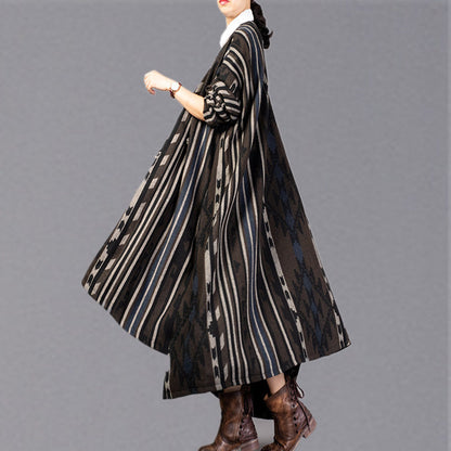 Fine Striped Long Coat V Neck Asymmetric Coats Batwing Sleeve Jackets