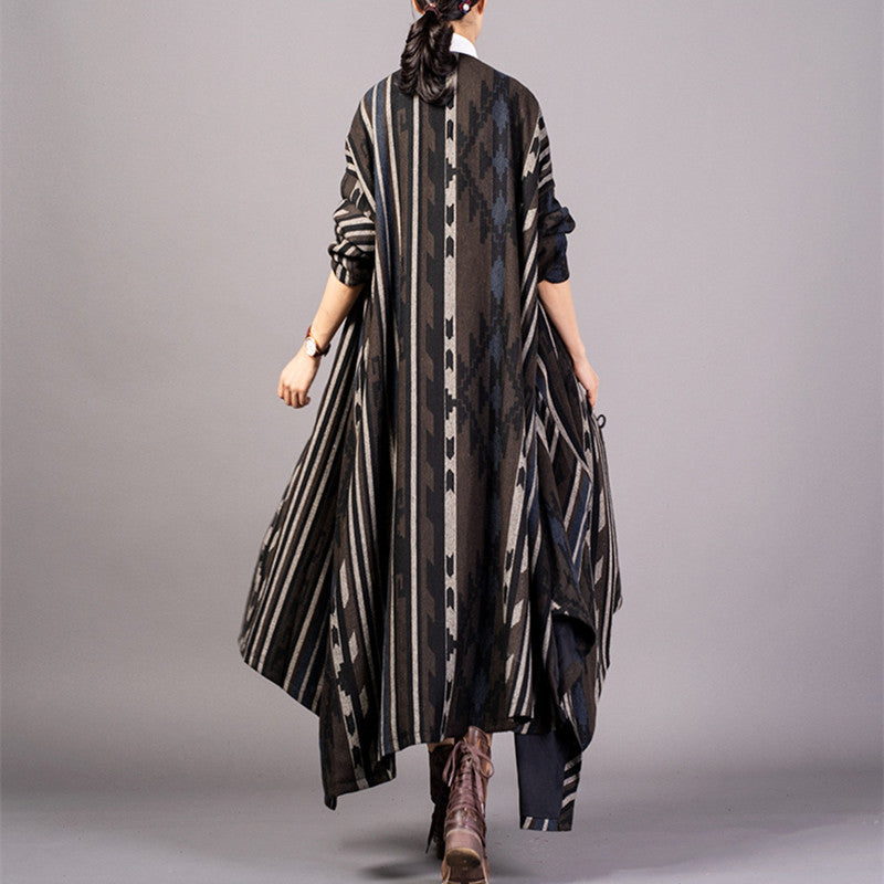Fine Striped Long Coat V Neck Asymmetric Coats Batwing Sleeve Jackets