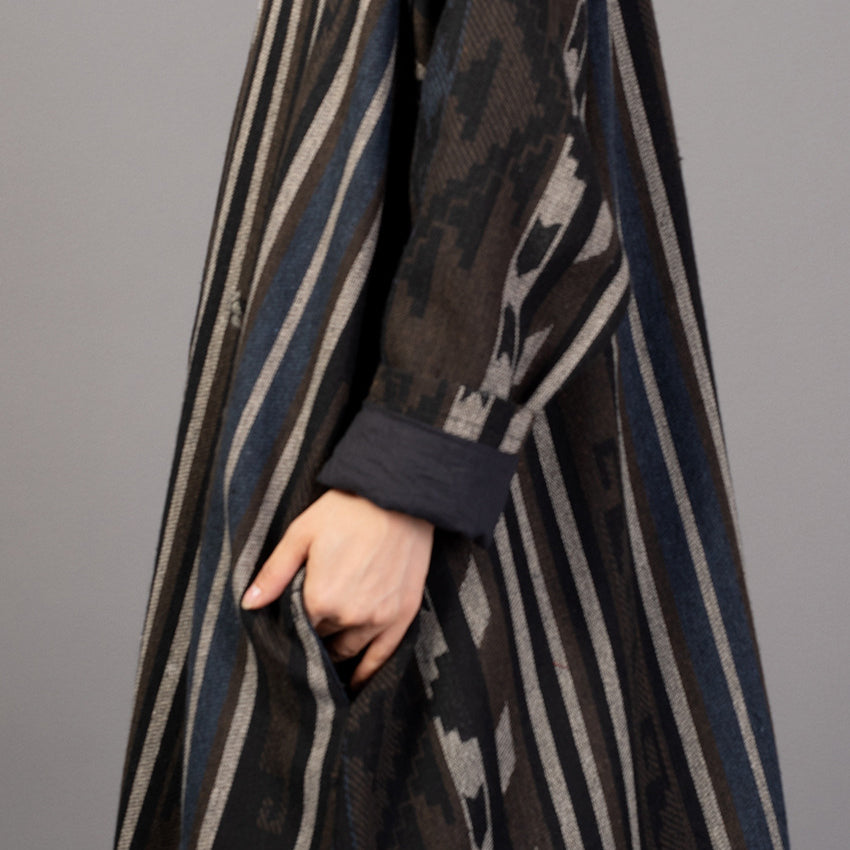 Fine Striped Long Coat V Neck Asymmetric Coats Batwing Sleeve Jackets